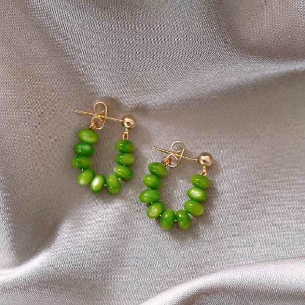 NEW Jade Green Stone Hand Beaded Hoop Earrings Pierced